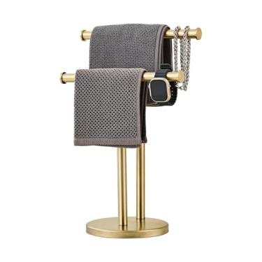 Imagem de SHUNLI Suporte de toalha de mão, toalheiro duplo para bancada de banheiro, suporte de toalha de mão em forma de T para aço inoxidável (ouro escovado)