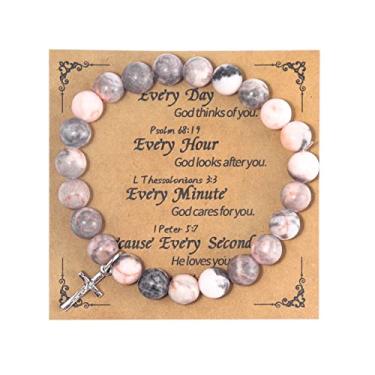 Imagem de Pingyongchang Presentes cristãos para mulheres homens, pulseira católica de cruz de pedra natural presentes religiosos católicos presentes de fé de Páscoa presentes inspiradores joias cristãs presentes do dia dos namorados para mulheres homens, Metal, Sem pedras preciosas