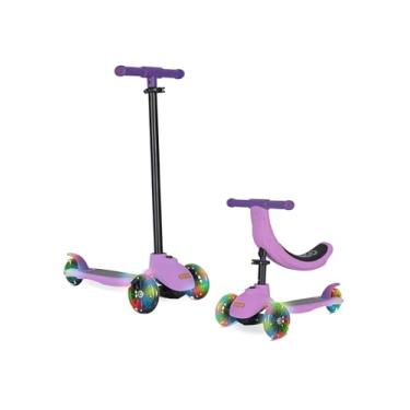 Imagem de KRIDDO Scooter infantil 5 em 1, inclinada para dirigir, scooter infantil com altura ajustável, 3 rodas iluminadas, ideal para uso interno e externo, presente para crianças de 1 a 5 anos, roxo