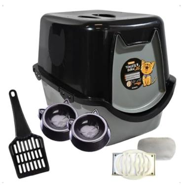 Imagem de Caixa de Areia para Gatos com Tampa, Bandeja Higiênica Fechada com Filtro de Odores, Pá e 2 Comedouros