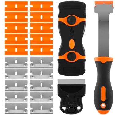 Imagem de DJAPWPX Pacote com 3 kits de ferramentas de raspador de lâmina de barbeador com 10 lâminas de barbear de plástico e 10 de metal, ferramenta de limpeza para remover a etiqueta da janela de vidro do