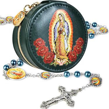 Imagem de SUTANALE Colar de terço católico de pérola de vidro de 8 mm para mulheres - Nossa Senhora de Guadalupe e crucifixo, contas sagradas com caixa de oração, presente de joias de batismo e primeira