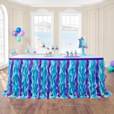 Imagem de Saia de mesa leegleri Mermaid Curly Willow Tulle Ruffle 9 pés azul