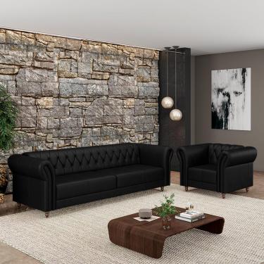 Imagem de Conjunto Sala de Estar 1 Sofá Living 220cm e 1 Poltrona Stanford Chesterfield Pés Madeira Couro Preto Brilho G58 - Gran Belo