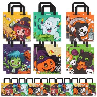 Imagem de LOAVER 24 unidades de sacos de petiscos não tecidos de Halloween, 6 designs de sacolas de presente reutilizáveis com alças para festa de doces ou doces de Halloween