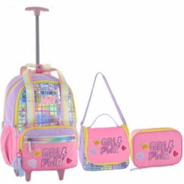 Imagem de Kit Mochila de Carrinho Holográfica Girl Power Escolar Juvenil Feminino Escolar 2026 (LILÁS)