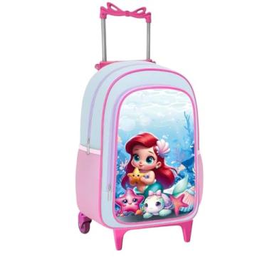 Imagem de Mochila Escolar de Rodinhas Infantil Bolsa Resistente Compartimentos Grande Menina Sereia