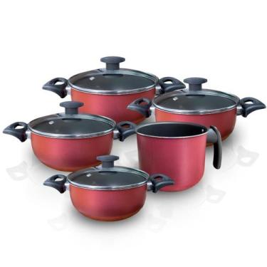 Imagem de Jogo De Panelas Antiaderente c/ Canecão Fervedor 5 Peças Tampas De Vid