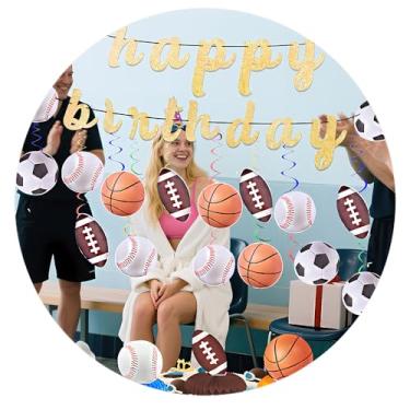 Imagem de Conjunto de decorações de festa de aniversário esportivas, suprimentos de aniversário para mulheres e homens, 2 faixas, 16, redemoinho de pendurar, 5 favos de mel, basquete, futebol, beisebol, rúgbi