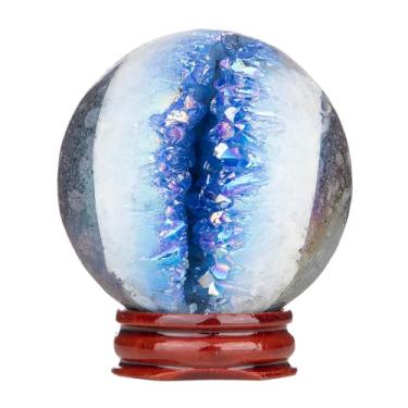 Imagem de Rockcloud Esfera de cristal de quartzo azul revestida de titânio com suporte de madeira, esfera geodo de cristal de rocha natural para decoração de casa de adivinhação, 51-60 mm