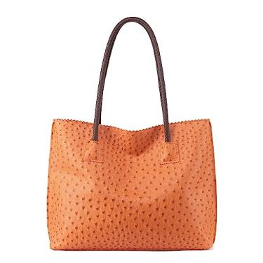 Imagem de Milan Chiva Bolsa feminina com zíper, grande, couro vegano, avestruz, bolsas de ombro e bolsas de mão, Laranja Oriole, Large