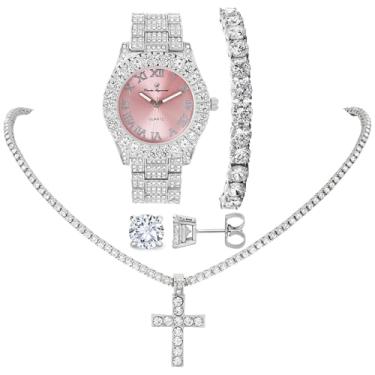 Imagem de Relógios femininos gelados com brincos de diamante e colar e pulseira de tênis cruzados impecáveis - Conjunto de cruz de 4 peças, 16", Metal, Strass