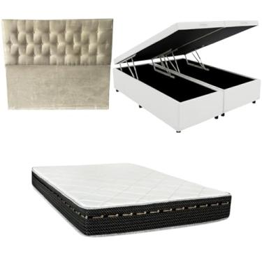 Imagem de Cama Box Baú Bipartida Blindada + Colchão Eagle Molas Bonnel 22cm | Kit Completo com Cabeceira Botonê Opcional | Diversas Cores (3, CORINO BRANCO, COM CABECEIRA)