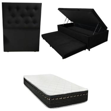 Imagem de Cama Box Baú Solteiro com Auxiliar (Bicama) + Colchão Eagle Molas Bonnel 22cm | Kit Completo com Cabeceira Botonê Opcional | Diversas Cores (3, SUEDE PRETO, COM CABECEIRA)