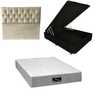 Imagem de Cama Box Baú Blindada com RivIera Molas Ensacadas 25cm de altura + Cabeceira Botonê (CORINO PRETO, Casal)