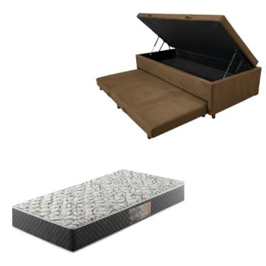 Imagem de Cama Box Baú Solteiro com Auxiliar (Bicama) + Colchão de Espuma D33 20cm | Kit Completo com Cabeceira Botonê Opcional | Diversas Cores (2, SUEDE MARROM, SEM CABECEIRA)