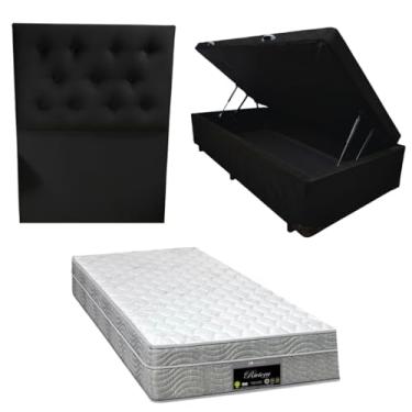 Imagem de Cama Box Baú Blindada com RivIera Molas Ensacadas 25cm de altura + Cabeceira Botonê (SUEDE PRETO, Solteiro)