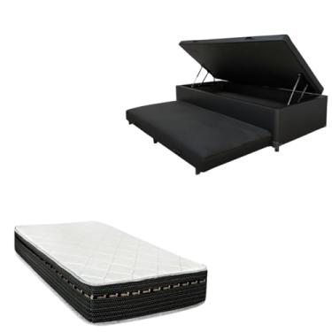 Imagem de Cama Box Baú Solteiro com Auxiliar (Bicama) + Colchão Eagle Molas Bonnel 22cm | Kit Completo com Cabeceira Botonê Opcional | Diversas Cores (2, CORINO PRETO, SEM CABECEIRA)