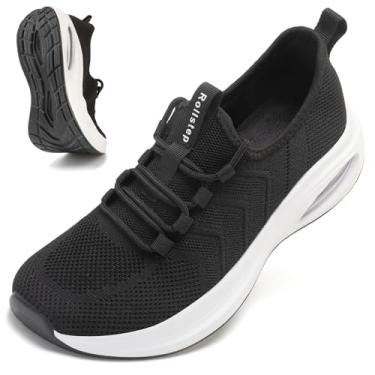 Imagem de Rollstep Tênis feminino de largura extra larga com amortecimento de ar, tênis de corrida ultraleve, academia, treino, treino, respirável, com suporte de arco, Preto, 11.5-12 Wide