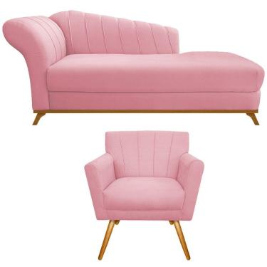 Imagem de Kit Diva Recamier Vanessa 140cm Lado Direito E 01 Poltrona Laura Suede Cor Rosa Bebê