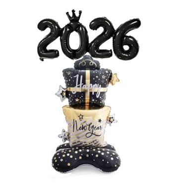 Imagem de 2 peças de balões de feliz ano novo de 2026, 72 x 142 cm, caixa de presente autopé, ouro preto, balão de alumínio com número preto 2026 balões para decoração de fotos de festa de ano novo