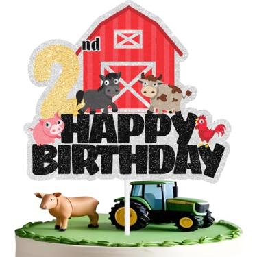 Imagem de Topo de bolo de fazenda, 2º aniversário, decoração de animais de fazenda, tema de festa de dois anos para chá de bebê, crianças, meninas, meninos, decoração de festa de feliz aniversário, suprimentos