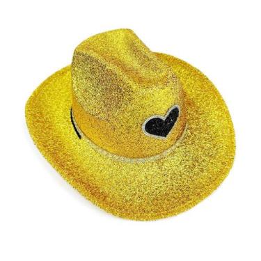 Imagem de Chapéu de cowboy dourado com glitter Heart com penas, jeans 38x29x13cm