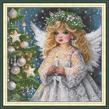 Imagem de Threadhaven Kit de ponto cruz estampado de 16 quilates - padrões de gama completa para adultos, kit de bordado de impressão de alta definição, ideal para iniciantes - anjo de Natal 29 x 29 cm