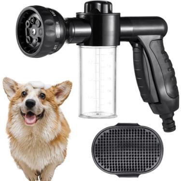 Imagem de Conjunto de banho para animais de estimação de 2 peças, inclui pulverizador para cães e pente de borracha, 8 modos de pulverização, dispensador de sabão para cães, gatos, cavalos