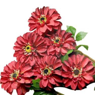 Imagem de EUEUZLT Crisântemos artificiais, flores falsas de 6 hastes para decoração de casa, flores de seda grandes semelhantes a zinnia em cores gradientes, 63 cm de comprimento para uso interno e externo