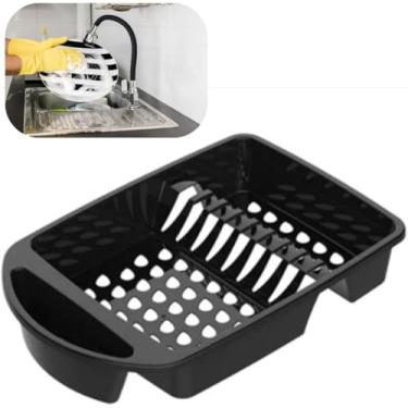 Imagem de Escorredor de Louças Plástico, Preto, 43cm x 31,5cm x 8cm, 9 Divisórias para Pratos, Compartimento para Talheres e Copos, Organizador de Cozinha