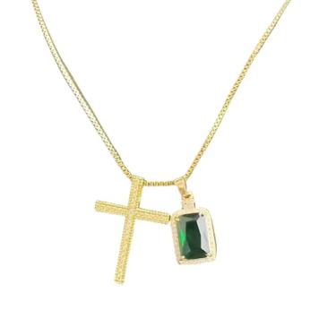 Imagem de LRJKUAJ Colar de cruz para mulheres, pingente de esmeralda natural CZ pingente de cruz gargantilha retangular delicado pingente de pedra preciosa religiosa joias modernas presentes, 17.7" + 2", Metal