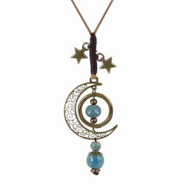 Imagem de YJTSWDXY Colar com pingente boêmio, vintage, lua crescente, pingente boêmio, contas de cerâmica, comprimento ajustável para mulheres, 18.1-36.2 in, Couro sintético Cerâmica Zinco, Sem Pedra Preciosa