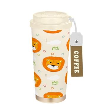 Imagem de Wassud Caneca de café de viagem com isolamento de leão fofo copo à prova de vazamento com tampa e canudo garrafa de água de aço inoxidável para café quente/gelo, chá e cerveja