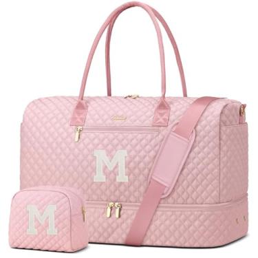 Imagem de Bolsa feminina de fim de semana com compartimento para sapatos com compartimento para sapatos, bolsa noturna personalizada com bolsa de higiene para academia, hospital, presente para mulheres, rosa