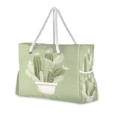 Imagem de Wassud Bolsa de praia com cacto em vaso, bolsa de praia grande para mulheres, impermeável, à prova de areia, bolsa de viagem com zíper e bolso para piscina, academia, acampamento