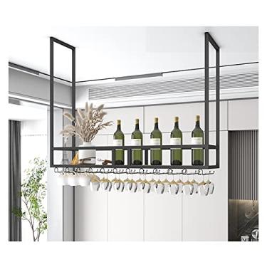 Imagem de Prateleira de teto pendurada para vinho, rack de garrafa de teto de metal, suporte de armazenamento de vinho com prateleira de vidro, para bar