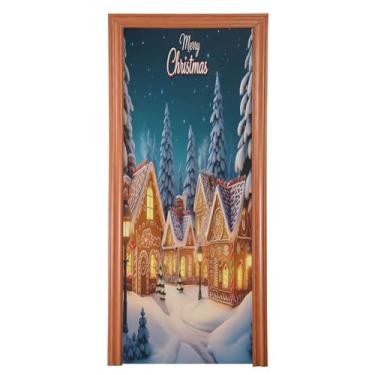 Imagem de Wassud Capa de porta de Natal para decoração de banner 81 x 199 cm grande vila de Natal elástica para porta interna para varanda e porta da frente