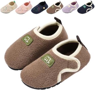 Imagem de Drecage Pantufas infantis para meninos e meninas, meias macias, antiderrapantes, leves, para uso doméstico, sapatos de caminhada com gancho e laço para crianças, Marrom, 10-10.5 Toddler
