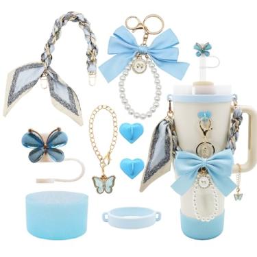 Imagem de Conjunto de acessórios de copo Stanley para copo de 1,134 g e 850 g, incluindo alça de alça de garrafa de água, chaveiro de laço, anel de copo, botas de silicone brilhante, topo de palha de borboleta