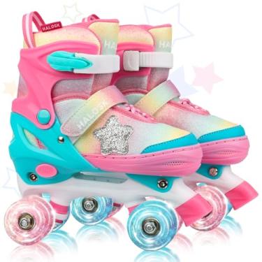Imagem de HALOSK Patins para meninas, meninos, quadriciclo de duas fileiras ajustáveis com rodas iluminadas, design de estrela gradiente para iniciantes de 3 a 12 anos