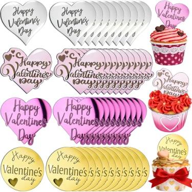 Imagem de Happy Valentine's Day Cupcake Toppers 40Pcs, Heart Shaped Mirror Finish Cake Picks Round Romantic Acrylic Cake Decorations with Sweet Love for Valentines Party, Anniversary, Wedding Dessert Decor