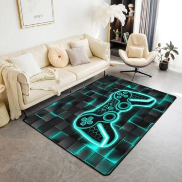 Imagem de Feelyou Tapete infantil gamer, 12 x 18 cm, azul-petróleo e preto, para sala de estar, quarto, para meninos, adolescentes, decoração de quarto, conjunto de tapetes decorativos ombré, geométrico,