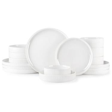 Imagem de TheTerra Conjuntos de louça de cerâmica com tigelas de macarrão para 4, 16 peças de pratos e tigelas leves de porcelana, conjunto de pratos resistentes a arranhões, seguro para forno, micro-ondas e