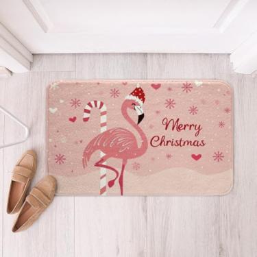 Imagem de Feelyou Flamingo Btah Tapetes para Banheira de Chuveiro 40,6 cm x 61 cm Feliz Natal Tapetes de Banheiro para Meninos Meninas Crianças Tropical Animal Doce Tema de Natal Floco de Neve Tapetes de Banho