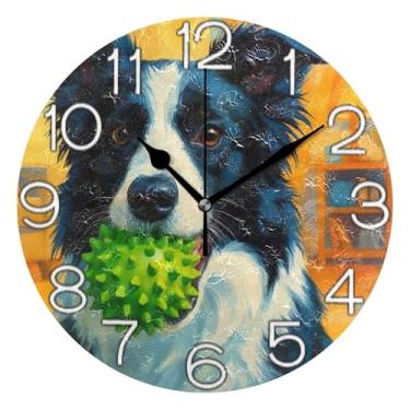 Imagem de GAIGEO Relógio de parede analógico decorativo relógio de cozinha rústico estético silencioso sem tique-taque, arte de parede boho, decoração de casa, cão pastor de desenho fofo preto branco, 25 cm