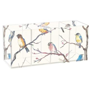 Imagem de TSENQUE Pássaros coloridos personalizados empoleirados árvore acrílica bonito suporte de caneta arte escritório arte caddy copos lápis armazenamento estacionário decoração estética escritório