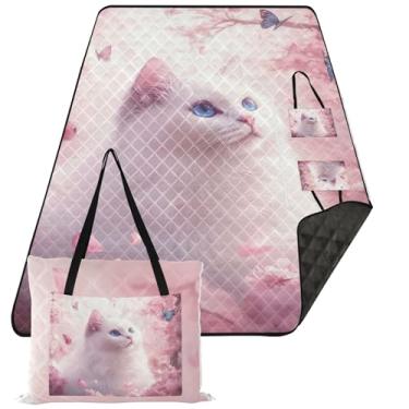 Imagem de TSENQUE Ragdoll Cat Cherry Blossom Pink Cute Picnic Essentials Cobertores de areia dobráveis para praia à prova de areia, cobertor grande para grama, 299 cm x 203 cm