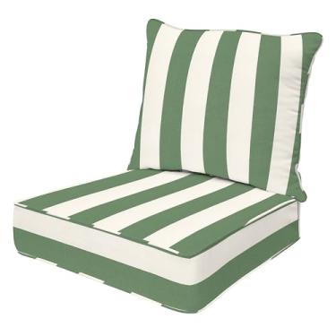 Imagem de Honeycomb Assento profundo ao ar livre, 61 cm L x 58 cm D, almofada para cadeira externa verde e creme listra cabana