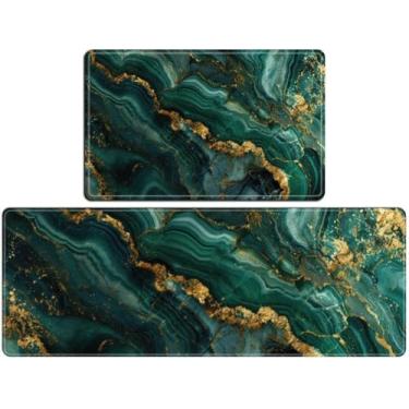 Imagem de ZaCosy Um lindo conjunto de tapetes de cozinha de mármore verde escuro esmeralda e dourado com 2 tapetes de cozinha antiderrapantes laváveis para o chão, 2 peças, conjunto de tapetes de banheiro
